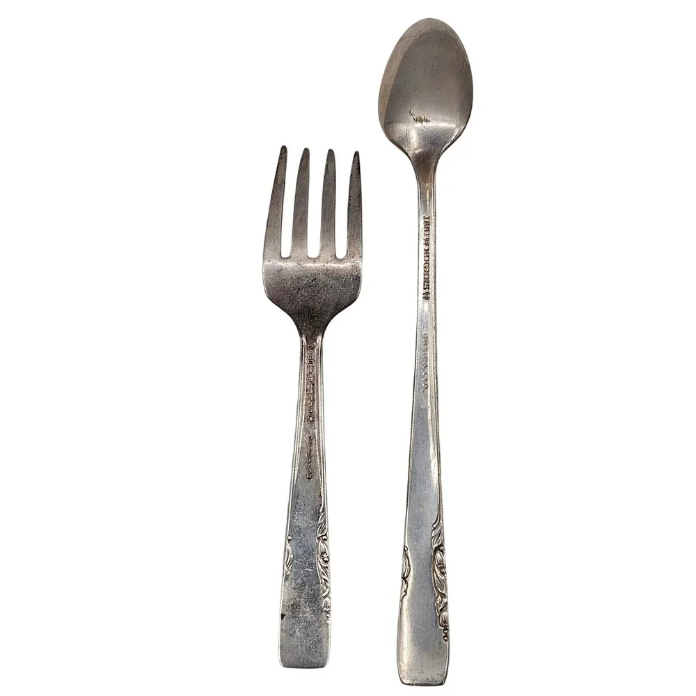 1881 Rogers Vtg Silverplate Feeding Spoon & Fork Set Floral Design Oneida Ltd‎